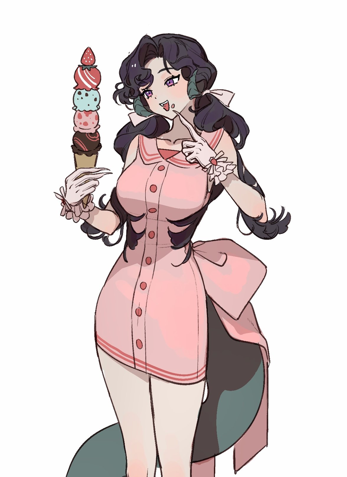 1girl, :d, alternate_costume, anjo_nala, black_hair, breasts, cowboy_shot, curled_horns