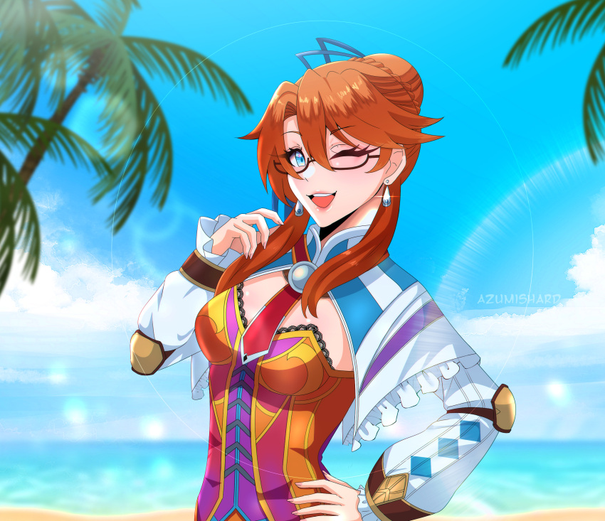 1girl, azumishard, beach, blue_eyes, blue_sky, blurry, blurry_background, breasts
