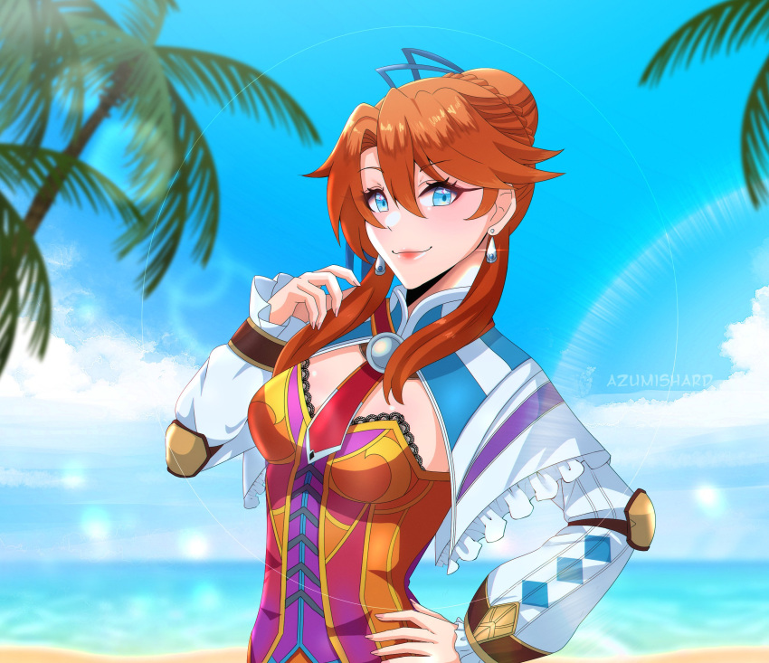 1girl, azumishard, beach, blue_eyes, blue_sky, blurry, blurry_background, breasts