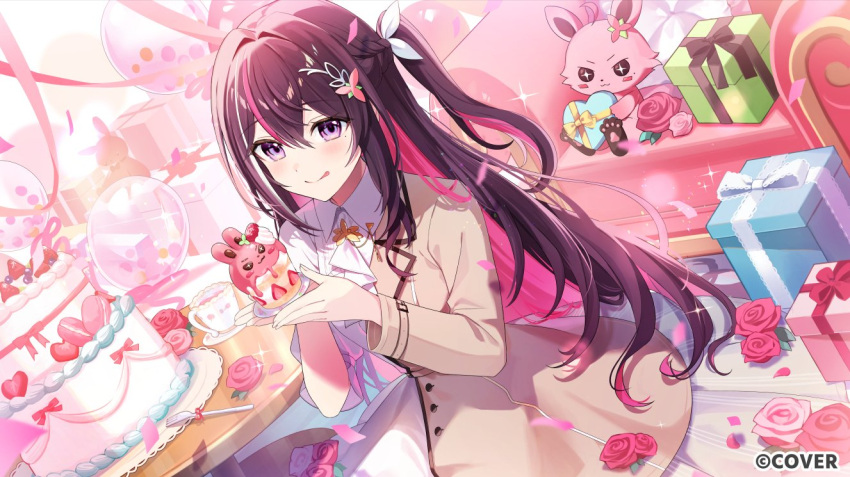 1girl, ascot, asymmetrical_sidelocks, azki_(4th_costume)_(hololive), azki_(hololive), black_hair, blurry, box