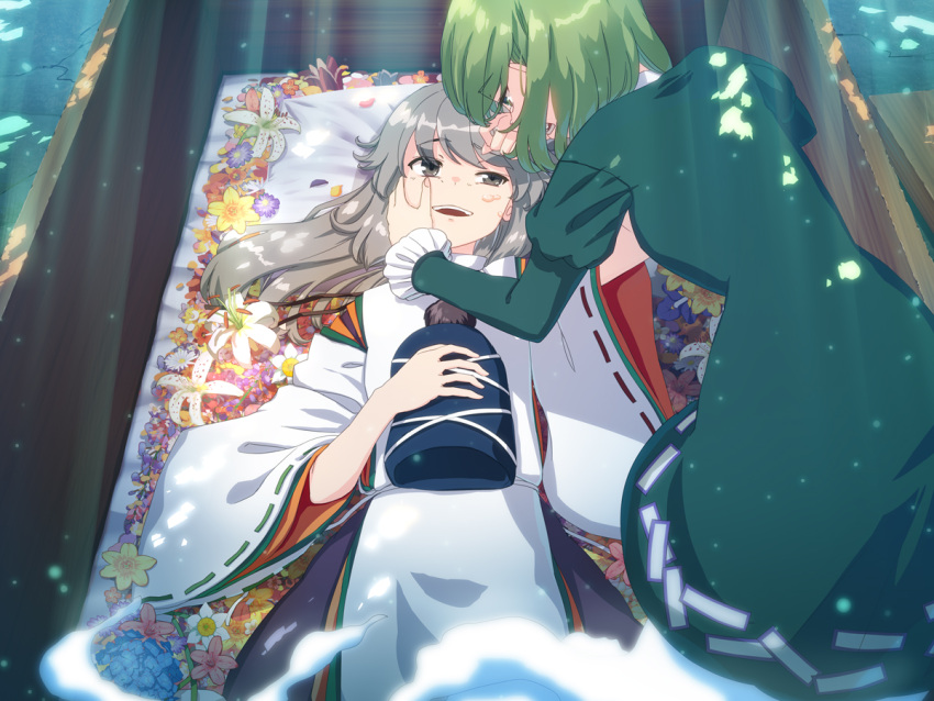 2girls, :d, blue_skirt, coffin, commentary_request, daisy_(flower), dress, flower