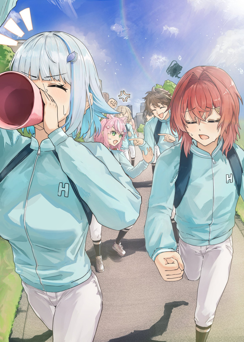 3boys, 4girls, :d, ^_^, alternate_costume, ange_katrina, anger_vein, animal_ears