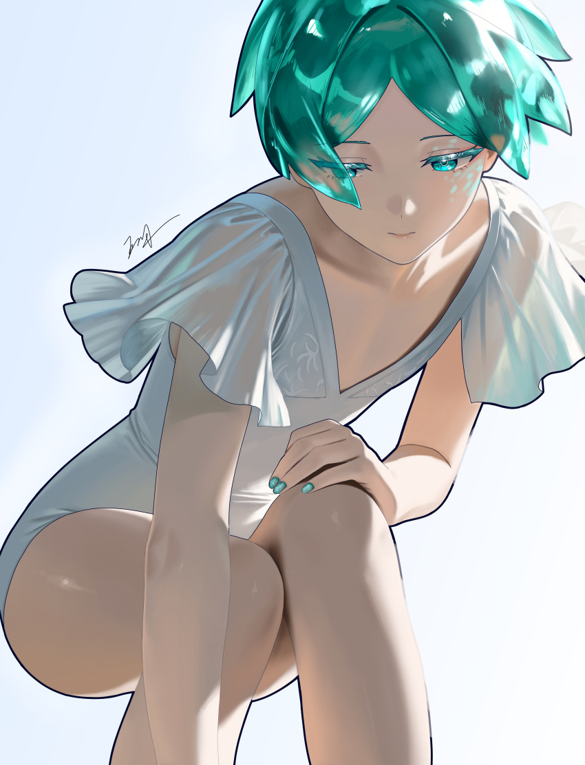 1girl, absurdres, aqua_eyes, aqua_hair, closed_mouth, collarbone, flat_chest, frilled_one-piece_swimsuit