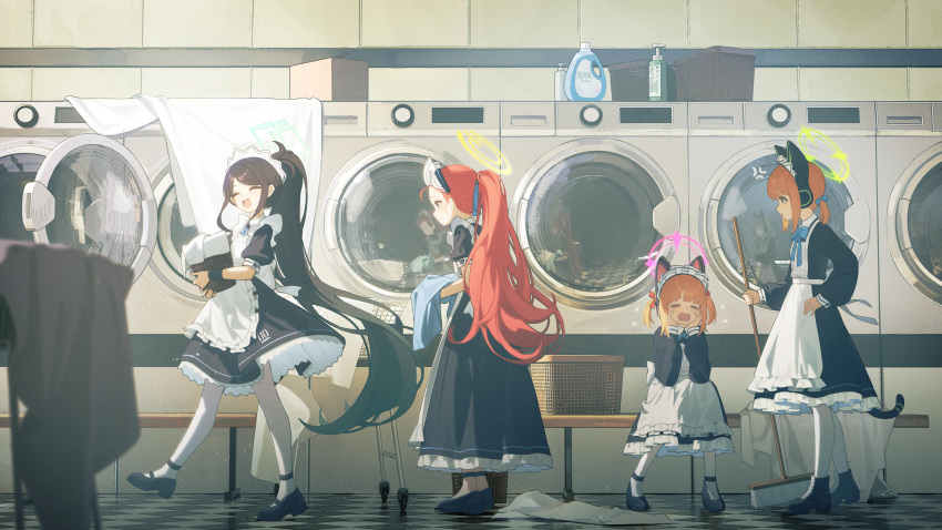 4girls, absurdres, animal_ear_headphones, animal_ears, apron, aris_(blue_archive), aris_(maid)_(blue_archive), basket