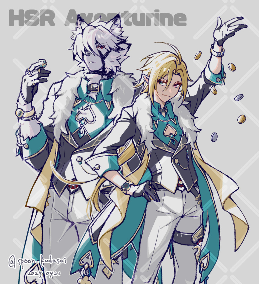 2boys, ahoge, animal_ear_fluff, animal_ears, aqua_shirt, arm_up, artist_name, aventurine_(honkai:_star_rail)
