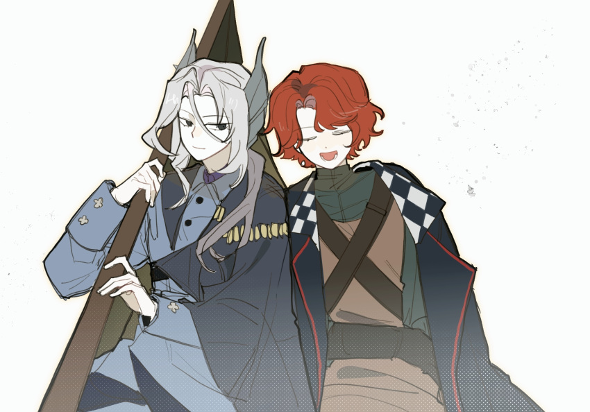 2girls, black_cape, black_coat, black_eyes, blue_jacket, bobodoki, brown_dress, cape