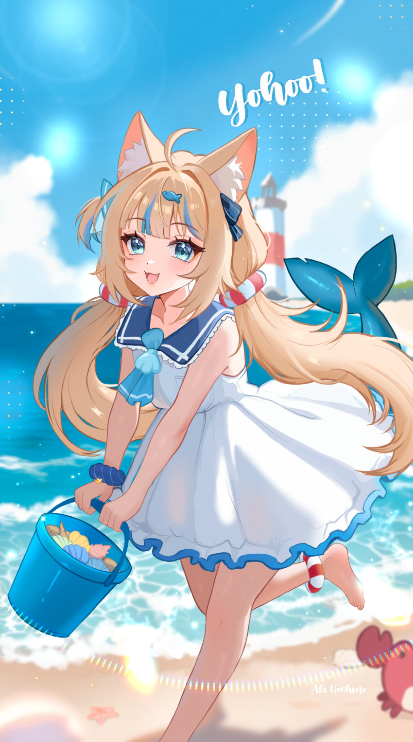 1girl, absurdres, aki_hoshino, animal_ears, artist_name, barefoot, beach, blonde_hair