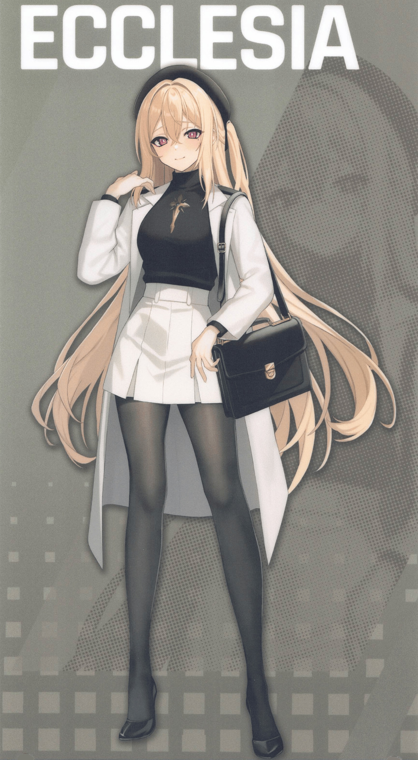 absurdres, bag, black_hat, black_shirt, black_shoes, blonde_hair, bright_pupils, casual, character_name, counter:side, crossed_bangs, ecclesia_(counter:side), hair_between_eyes, handbag, hat, highres, jacket, long_hair, long_sleeves, merchandise_available, mors_(counter:side), non-web_source, official_alternate_costume, official_art, pantyhose, red_eyes, ringed_eyes, scan, scan_artifacts, self-scan, shirt, shoes, side_ponytail, white_jacket, white_pupils, white_shirt