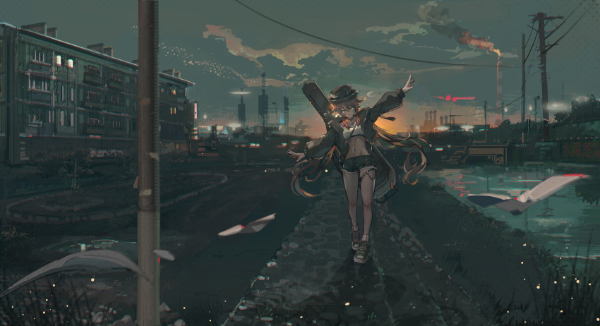 1girl, absurdres, black_choker, breasts, brown_eyes, brown_hair, building, choker