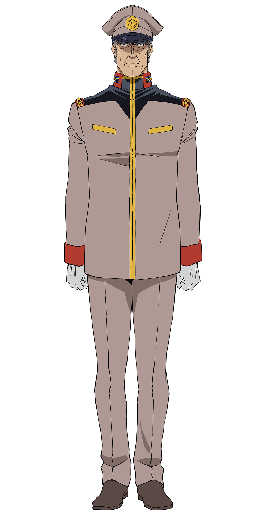 1boy, brown_shoes, clenched_hands, epaulettes, full_body, gloves, grey_hair, grey_jacket, grey_pants, gundam, gundam_gquuuuuux, hat, highres, jacket, looking_at_viewer, male_focus, military_uniform, official_art, old, old_man, pants, paolo_cassius, peaked_cap, shoes, simple_background, solo, standing, transparent_background, white_gloves