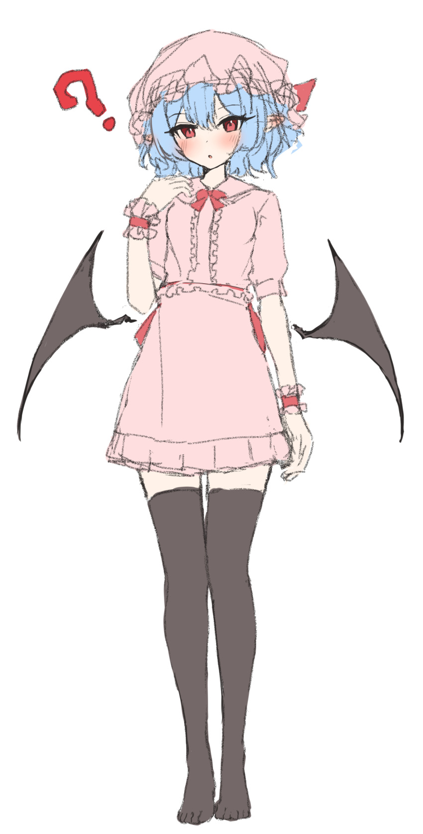 1girl, ?, absurdres, bat_wings, black_thighhighs, blue_hair, blush, center_frills