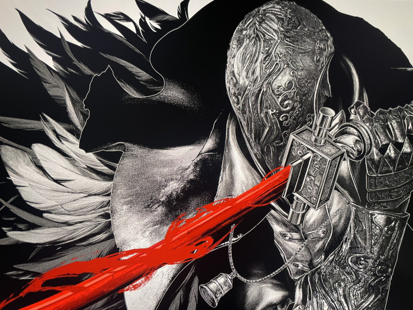 1boy, arm_up, armor, bell, blood, blood_on_weapon, bloodborne, bloody_crow_of_cainhurst