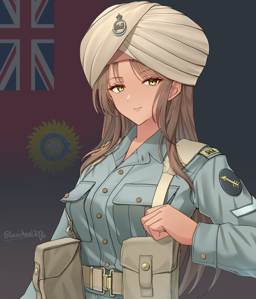 1girl, absurdres, ammunition_pouch, artist_name, belt, brown_belt, brown_hair, commentary, dark-skinned_female, dark_skin, flag_background, green_shirt, highres, india, indian_flag, leochan1202, long_hair, long_sleeves, looking_at_viewer, military, military_rank_insignia, military_uniform, original, pouch, shirt, sikh, solo, turban, union_jack, upper_body, world_war_ii, yellow_eyes
