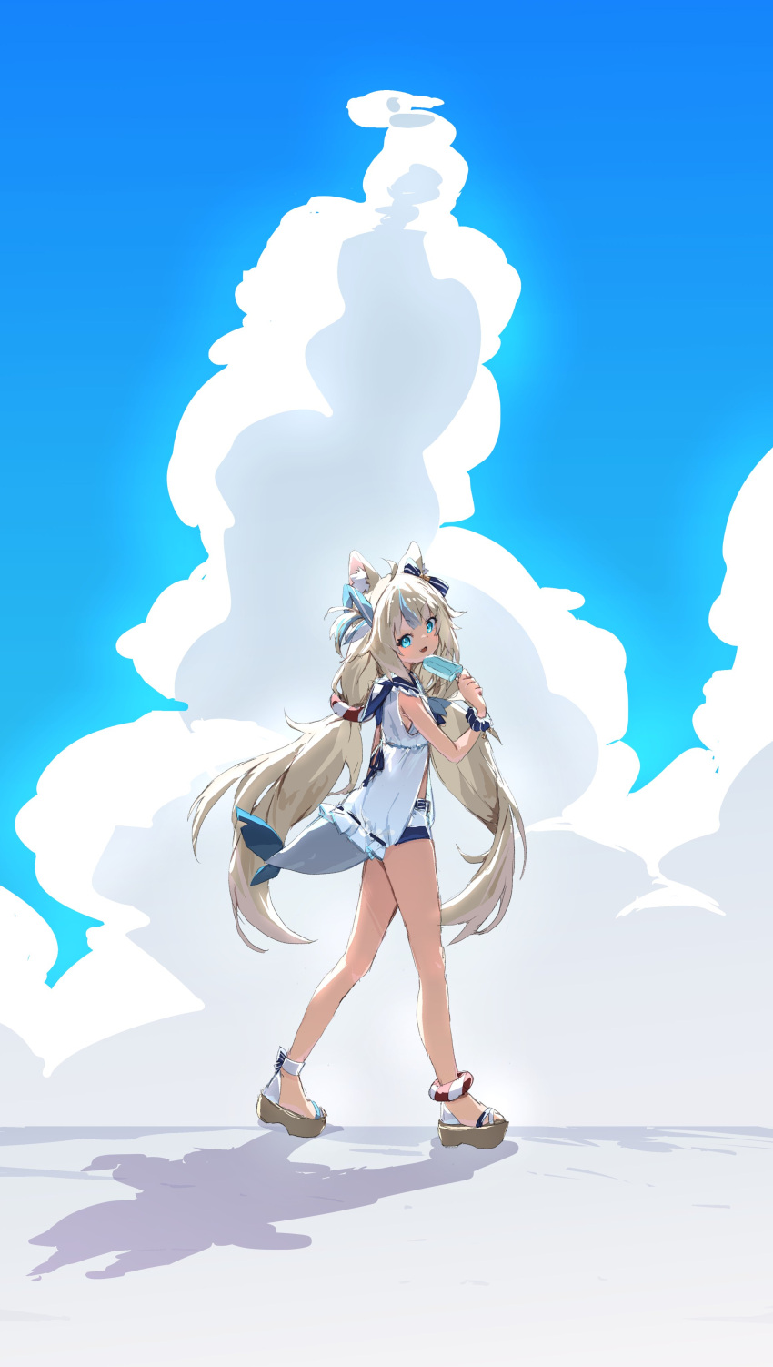1girl, absurdres, ahoge, animal_ears, blonde_hair, blue_eyes, blue_hair, blue_sky