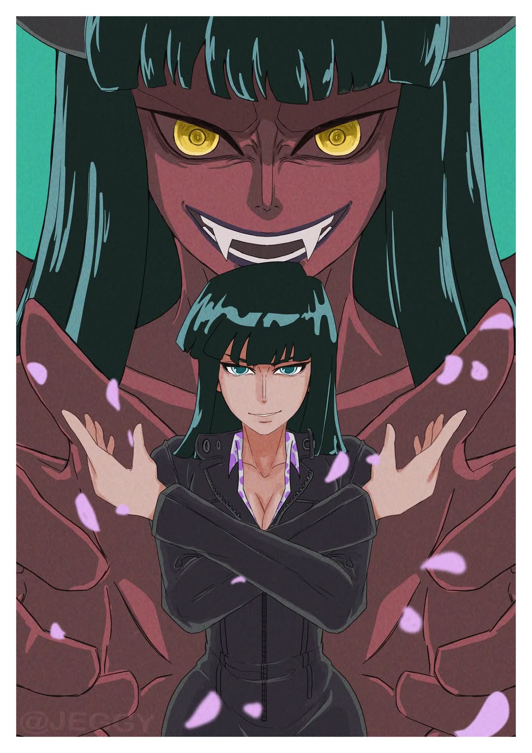 1girl, black_dress, black_hair, blue_eyes, blunt_bangs, commentary, crossed_arms, demonio_fleur