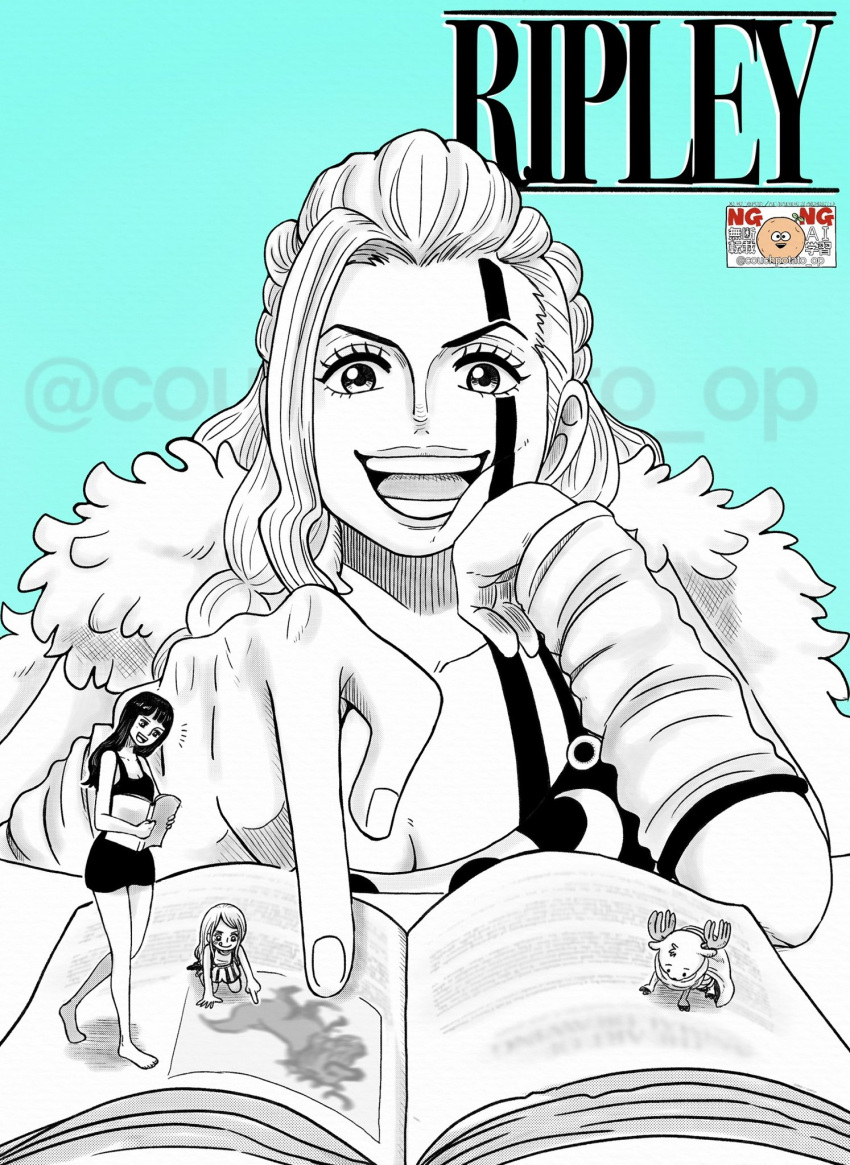 1boy, 3girls, aqua_background, blue_background, blunt_bangs, book, character_name, child, commentary_request, couchpotato_op, facial_mark, giant, giantess, head_rest, highres, jewelry_bonney, long_hair, multiple_girls, nico_robin, notice_lines, one_piece, open_mouth, reading, ripley_(one_piece), single_sidelock, smile, tony_tony_chopper, twitter_username