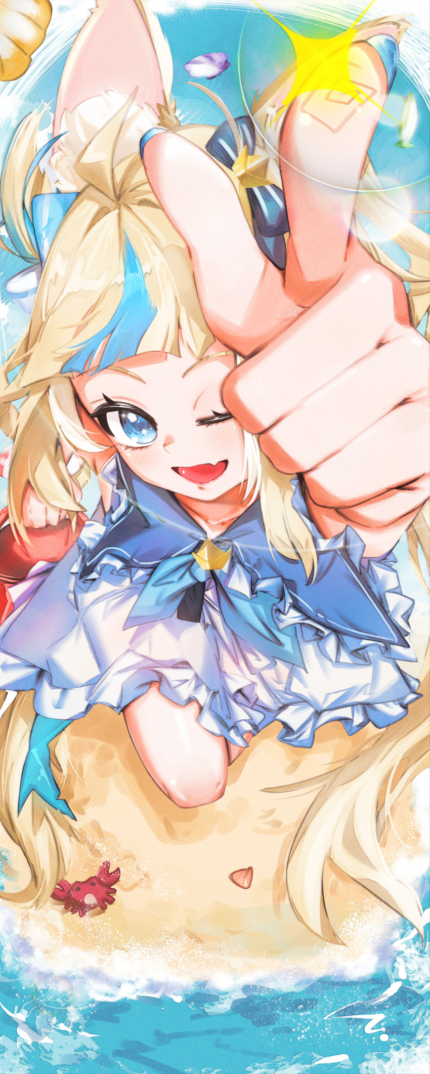 1girl, absurdres, ahoge, animal_ear_fluff, animal_ears, beach, blonde_hair, blue_eyes, blue_hair, blue_nails, byxis, cat_ears, crab, dress, fang, fins, fish_girl, fish_tail, highres, indie_virtual_youtuber, long_hair, looking_at_viewer, multicolored_hair, nail_polish, one_eye_closed, open_mouth, pointing, pointing_at_viewer, sameko_saba, sand, skin_fang, sleeveless, sleeveless_dress, smile, solo, streaked_hair, tail, very_long_hair, virtual_youtuber, water, white_dress