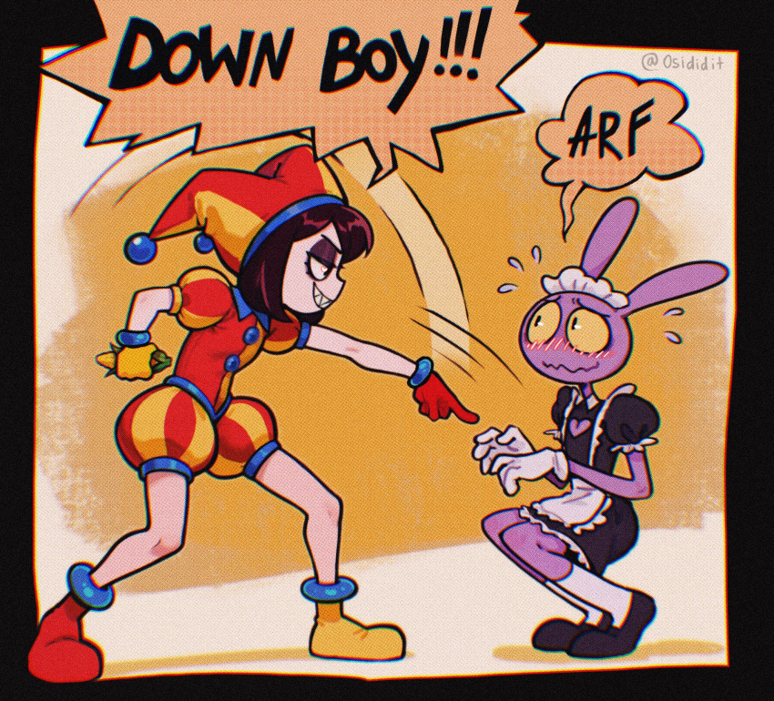 1boy, 1girl, alternate_costume, animal_ears, asymmetrical_gloves, black_shoes, blush, closed_mouth
