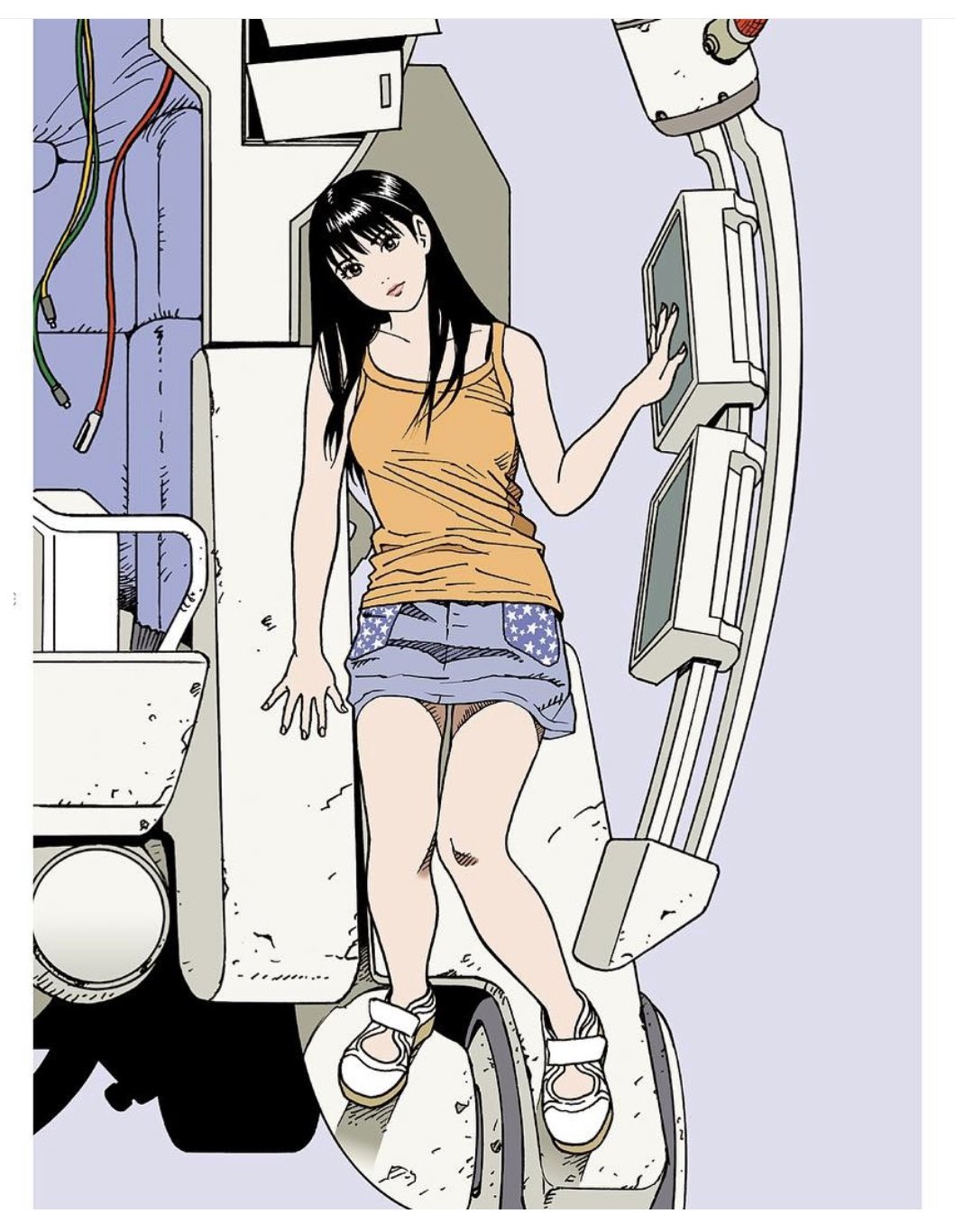 1girl, 2000s_(style), bare_shoulders, black_hair, blue_skirt, breasts, brown_eyes, cable