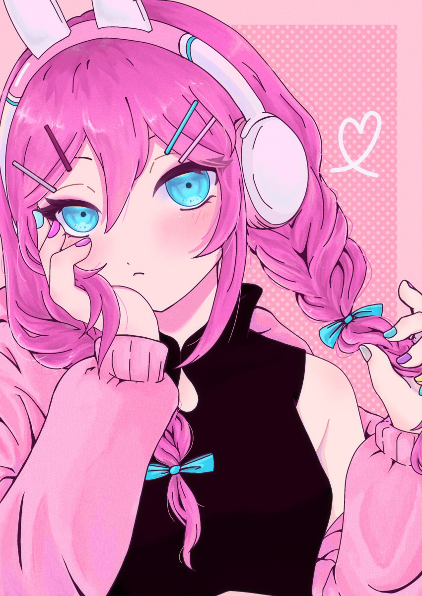 1girl, animal_ear_headphones, animal_ears, aubrey_(birthday)_(omori), aubrey_(faraway)_(omori), aubrey_(omori), blue_bow, blue_eyes