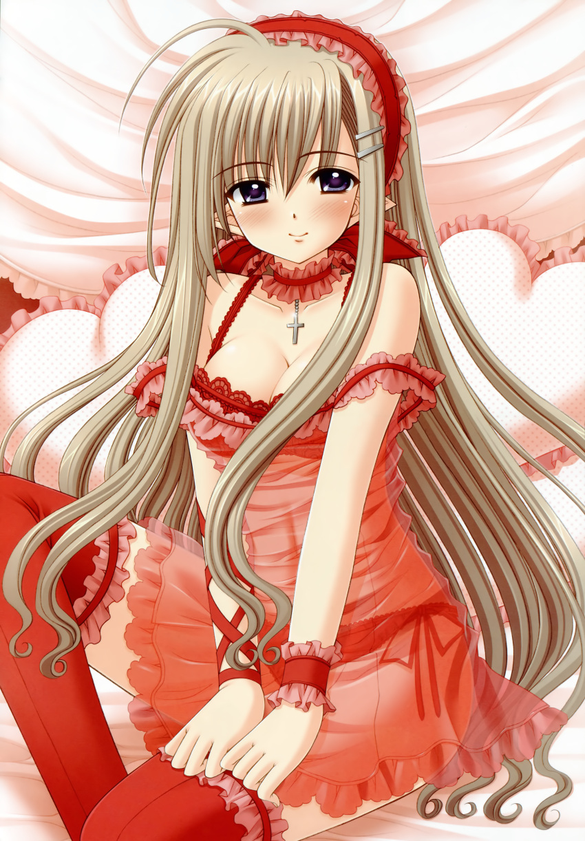 1girl, blue_eyes, blush, brown_hair, cleavage, elf, fixed, hairclip