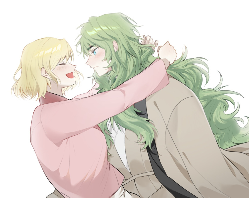 1girl, :d, arms_around_neck, blonde_hair, blue_eyes, closed_eyes, curly_hair, dress, green_hair, hanbok, hetero, hug, korean_clothes, light_blush, lo_po_bia_ameuz, lo_po_bia_traumerei, long_hair, looking_at_another, lopobia_101, medium_hair, open_mouth, original, pink_hanbok, robe, skirt, smile, tower_of_god, white_background, white_robe