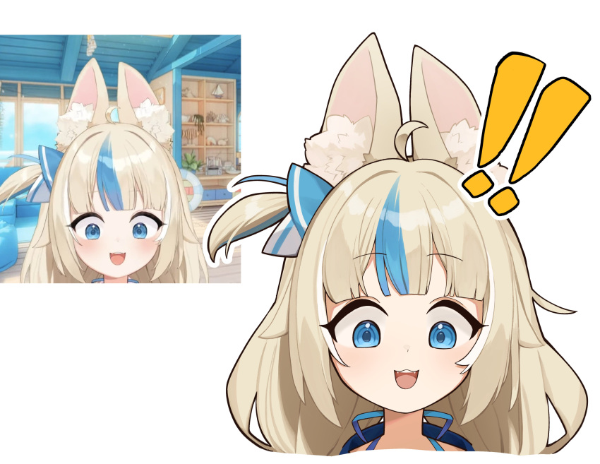 1girl, absurdres, ahoge, animal_ears, blonde_hair, blue_eyes, blue_hair, cat_ears