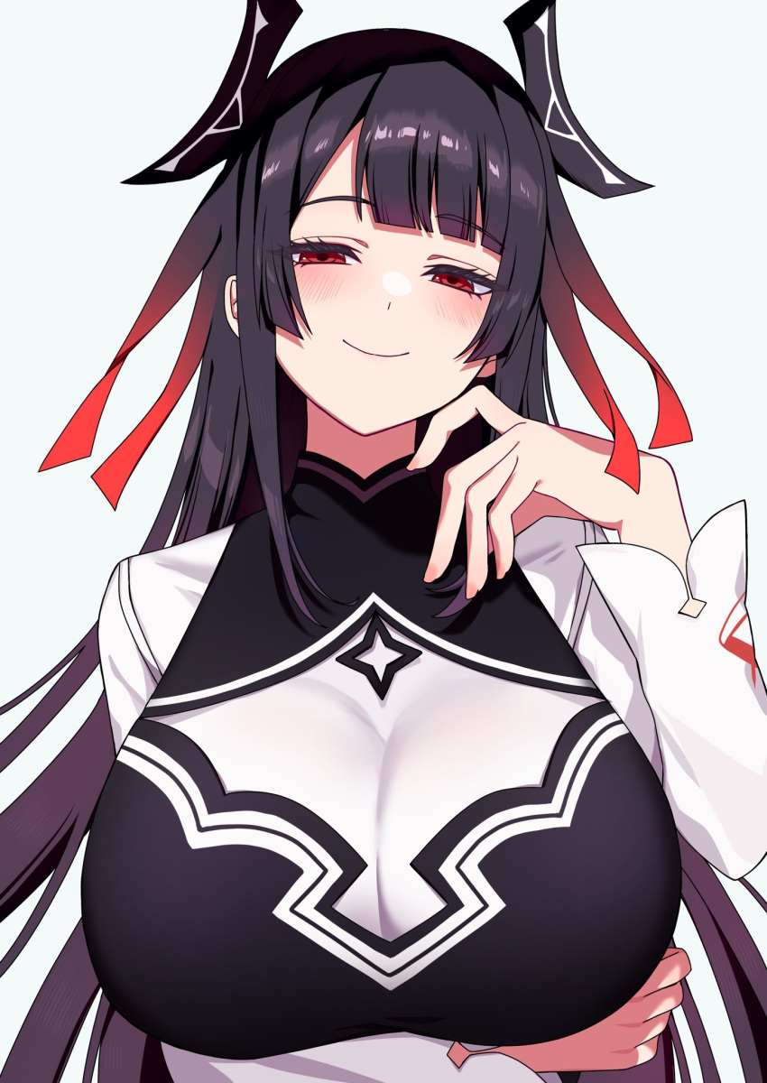arm_under_breasts, black_hair, blunt_bangs, blush, breasts, closed_mouth, dress, finger_to_cheek