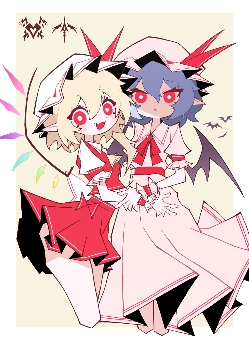 2girls, absurdres, ascot, bat_wings, blonde_hair, blue_hair, cocokana, cowboy_shot
