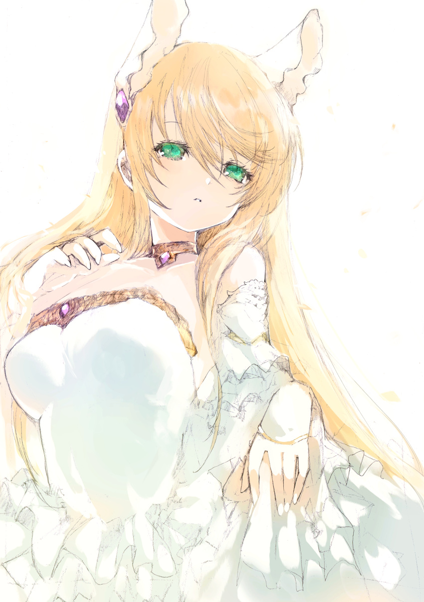1girl, blonde_hair, breasts, dress, frilled_dress, frills, gem, green_eyes