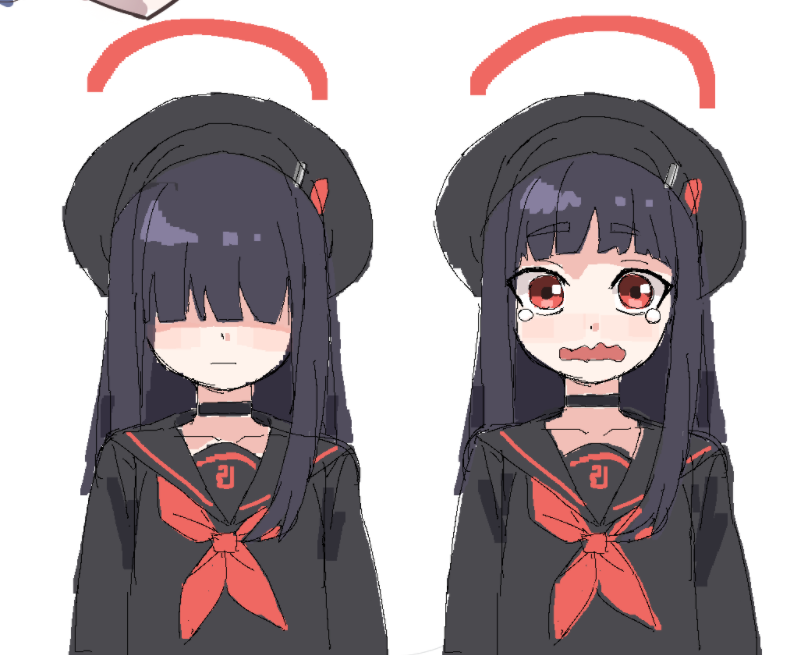 1girl, alternate_hairstyle, beret, black_hair, blue_archive, blunt_bangs, choker, dual_persona, halo, hat, justice_task_force_member_(blue_archive), long_hair, min645251026530, red_eyes, school_uniform, serafuku, simple_background, sketch, tears, wavy_mouth, white_background
