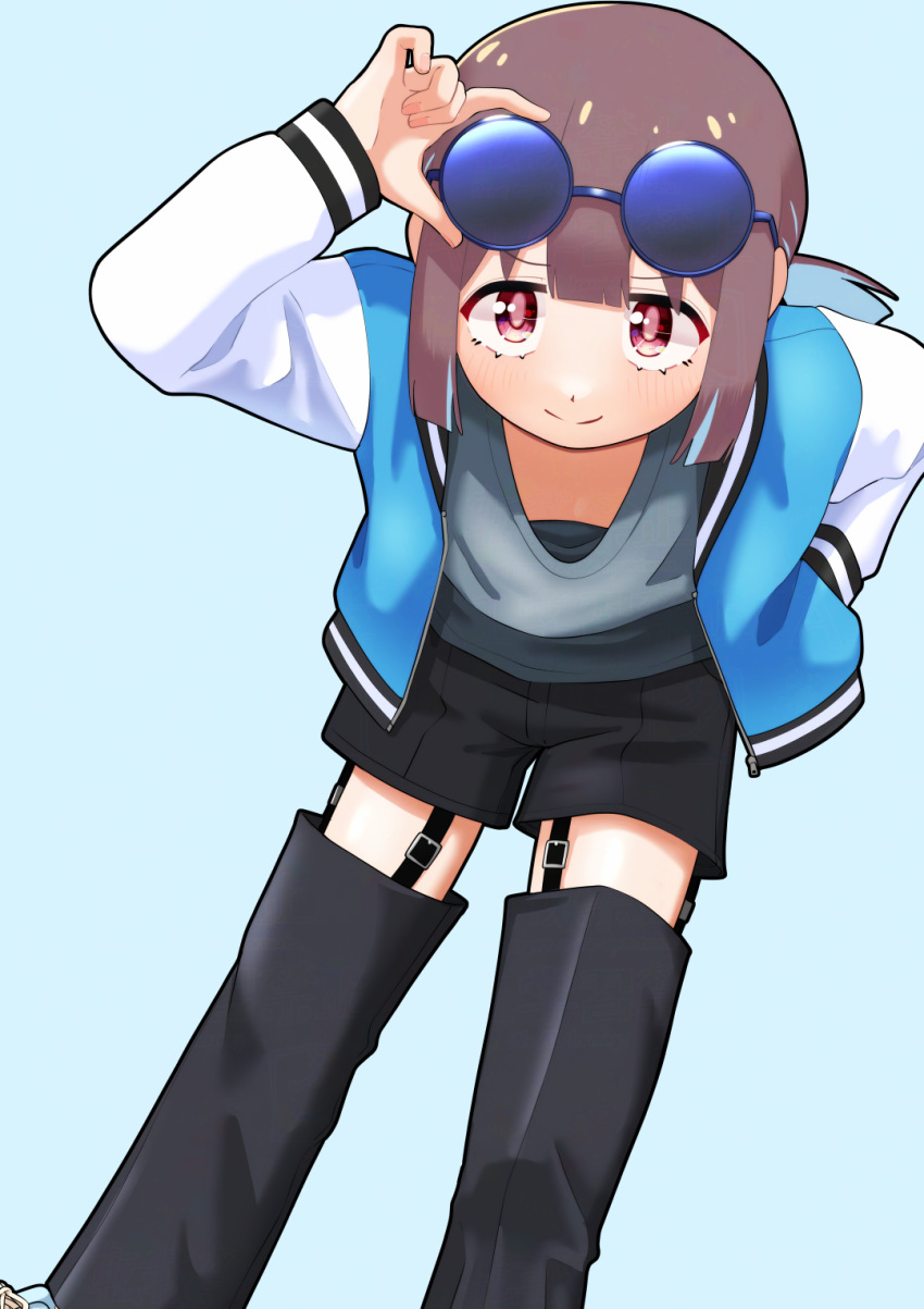 1girl, alternate_costume, blue_background, blue_eyes, blunt_bangs, brown_hair, casual, commentary
