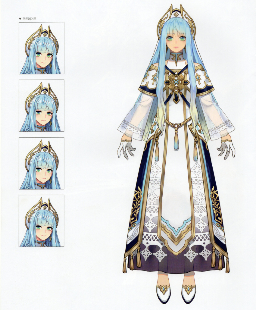 absurdres, bare_shoulders, blue_hair, concept_art, crown, etain_(mabinogi), gloves, green_eyes