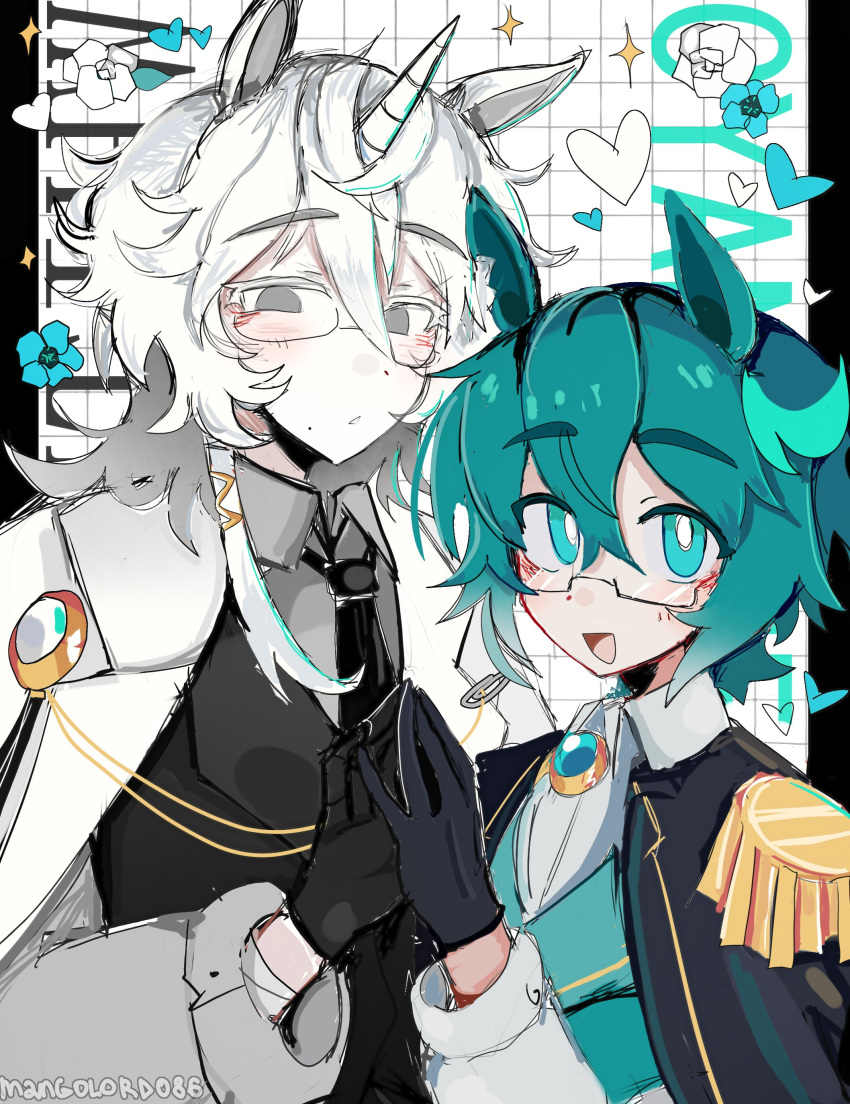 2boys, absurdres, animal_ears, black_gloves, black_necktie, blue_eyes, blue_hair, blush