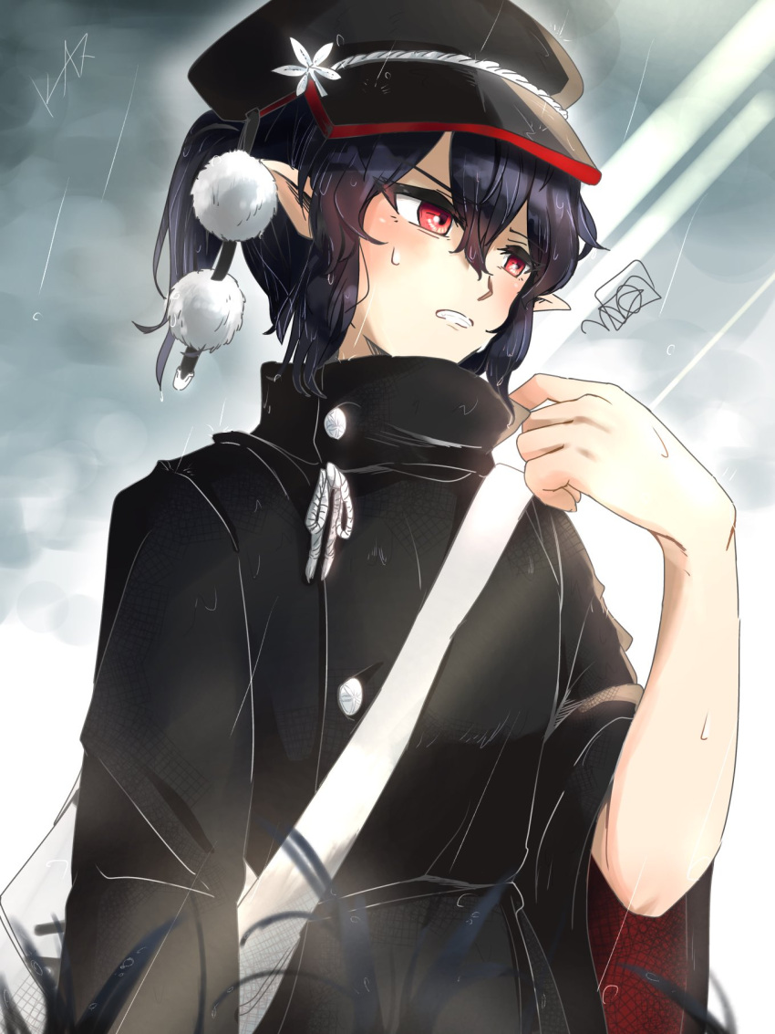 1girl, bag, black_coat, black_hair, black_hat, coat, commentary_request, flat_cap