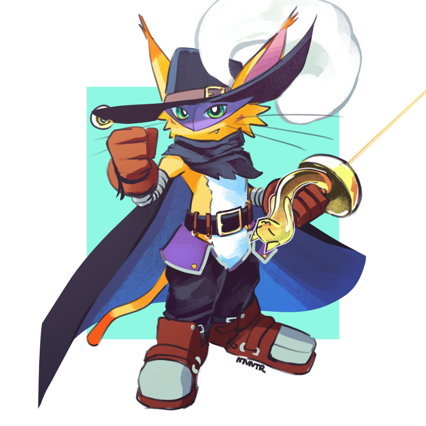 black_cape, black_hat, black_pants, body_fur, brown_gloves, cape, cat, digimon