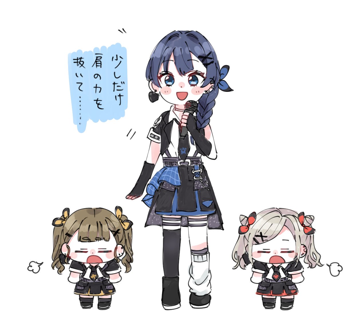 3girls, :d, black_gloves, black_jacket, black_necktie, black_skirt, blue_eyes, blue_hair