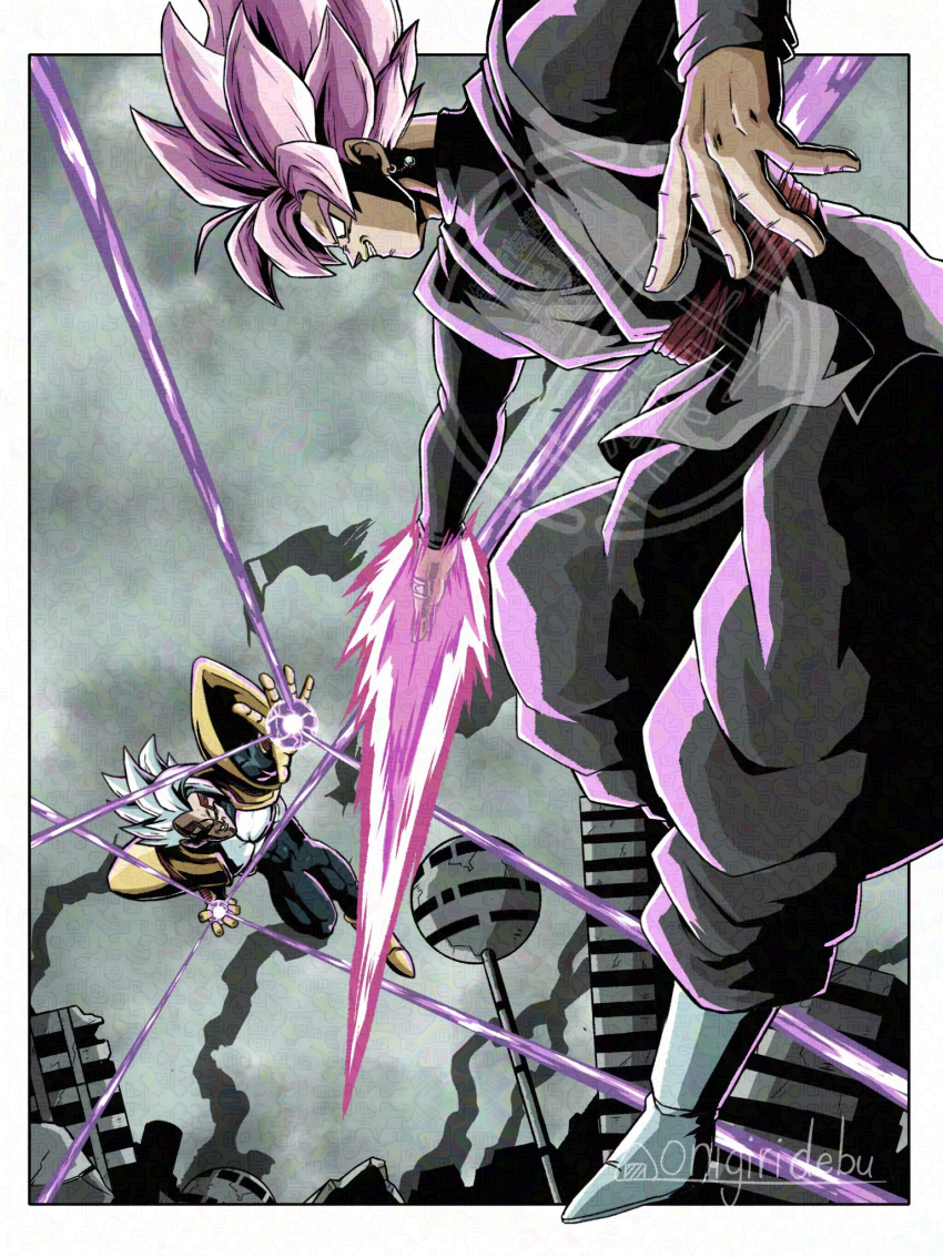 2boys, arm_blade, artist_name, baby_vegeta, battle, black_bodysuit, black_pants, black_shirt