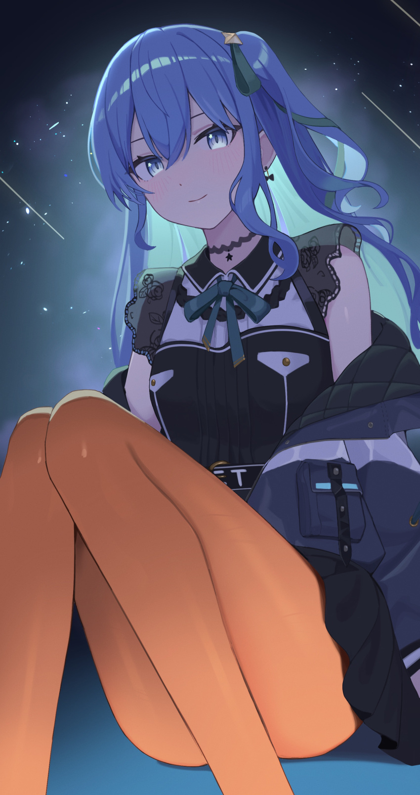 1girl, absurdres, asymmetrical_sidelocks, belt, black_belt, black_choker, black_dress, blue_eyes, blue_hair, blue_jacket, bow, bow_earrings, choker, closed_mouth, collared_dress, colored_inner_hair, commentary, double-parted_bangs, dress, earrings, green_ribbon, hair_between_eyes, hair_ribbon, highres, hololive, hoshimachi_suisei, hoshimachi_suisei_(casual), jacket, jewelry, knees_together_feet_apart, knees_up, lace, lace_choker, lace_sleeves, long_hair, long_sleeves, looking_at_viewer, multicolored_hair, neck_ribbon, o-e331, off_shoulder, official_alternate_costume, one_side_up, orange_pantyhose, pantyhose, partially_unzipped, quilted_jacket, ribbon, short_dress, short_sleeves, sidelocks, sitting, smile, solo, star_(symbol), star_in_eye, symbol_in_eye, two-sided_fabric, two-sided_jacket, virtual_youtuber