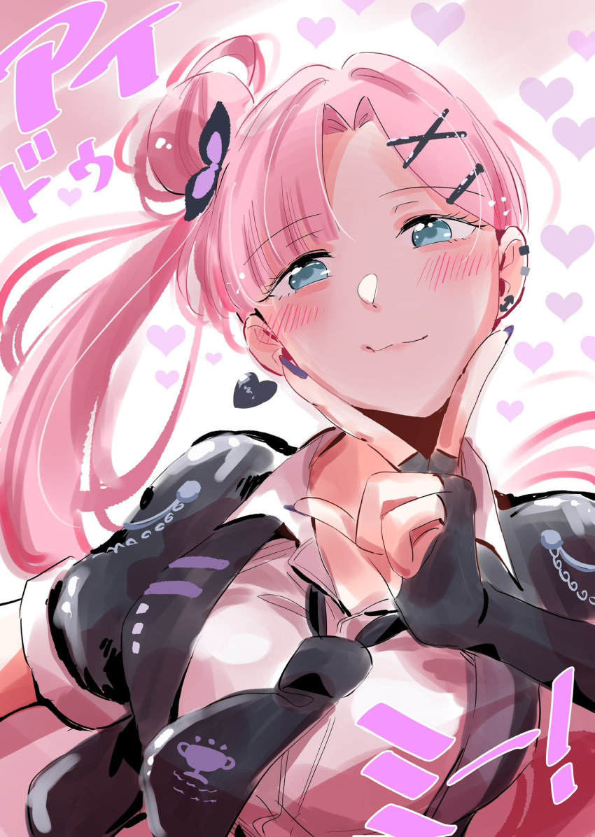 1girl, anyoji_hime, black_gloves, black_jacket, black_necktie, blue_eyes, blush, breasts