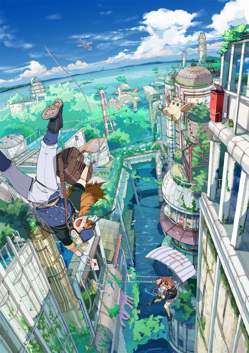 1boy, 1girl, ayatoki, bird, brown_eyes, child, city, cloud, clouds, falling, fang, female, from_above, goggles, goggles_on_head, hat, highres, horizon, letter, long_hair, mailman, male, open_mouth, orange_eyes, orange_hair, original, outdoors, outside, overgrown, owl, parachute, pink_hair, plane, plant, potted_plant, scenery, short_hair, skirt, sky, smile, thighhighs, uniform, water, waving, worried