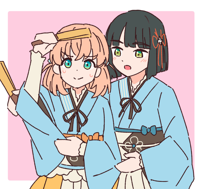 2girls, 37.5c_no_fantasy, :d, alt_text, aqua_eyes, black_hair, black_sash, blue_kimono
