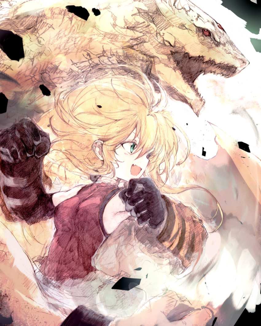 1girl, blonde_hair, clenched_hands, fang, from_side, gauntlets, green_eyes, highres