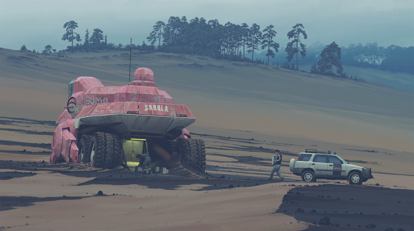 2boys, absurdres, black_hair, boots, car, clouds, cloudy_sky, computer, denim, graffiti, gun, highres, jeans, motor_vehicle, multiple_boys, pants, rock, sand, science_fiction, simon_stalenhag, sky, sports_utility_vehicle, swedish_machines, tree, unconventional_emergency_vehicle_lighting, unconventional_vehicle, weapon, wheel