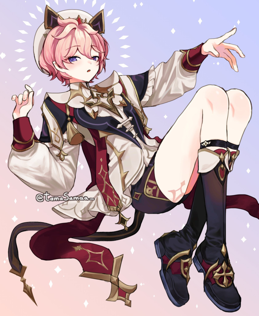 1boy, artist_name, beret, black_boots, black_shorts, body_markings, boots, dahlia_(genshin_impact)