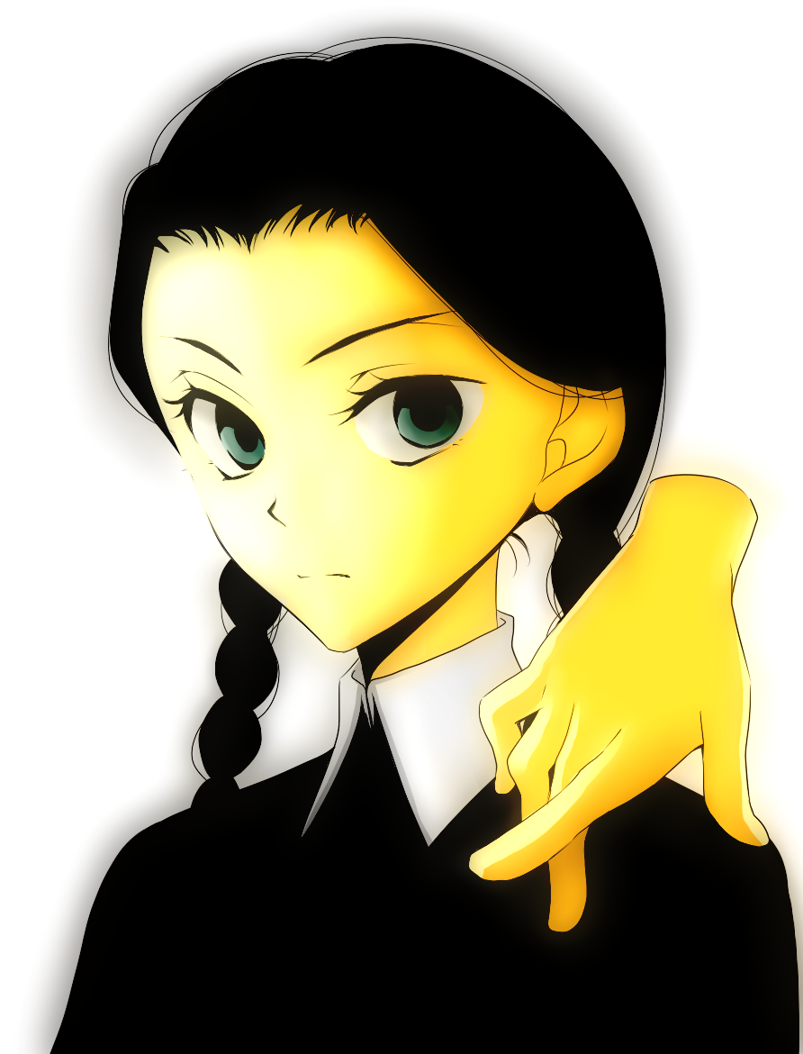 addams_family, black_hair, braid, green_eyes, hands, otoyuki, simple_background, thing_(addams_family)