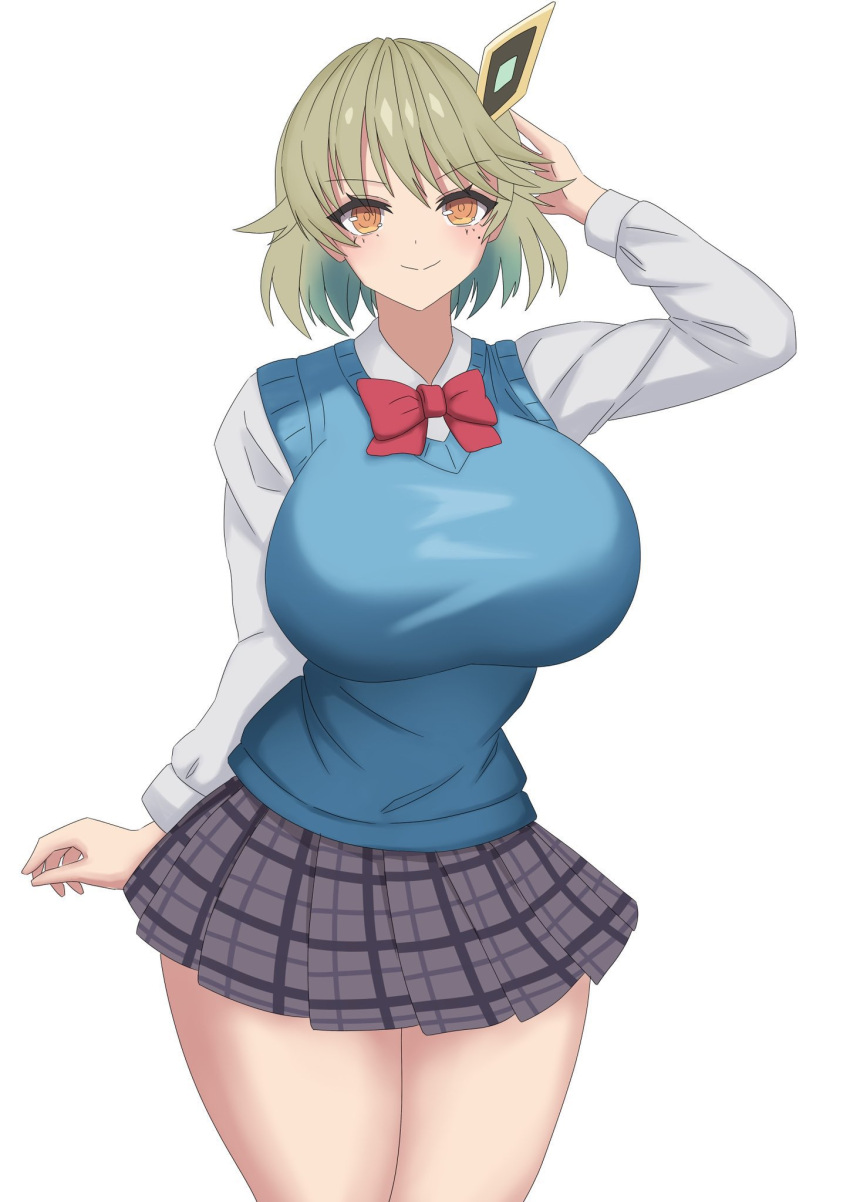 1girl, aqua_hair, arms_up, blue_vest, bow, bowtie, breasts, closed_mouth, colored_inner_hair, dragon_musume_ni_naritakunai!, duel_masters, green_hair, hair_ornament, hairclip, hands_on_own_head, highres, justice_haruka, large_breasts, long_sleeves, medium_hair, mole, mole_under_eye, multicolored_hair, nagareboshi_asche, red_bow, red_bowtie, red_ribbon, ribbon, school_uniform, shirt, simple_background, smile, solo, sweater_vest, vest, white_background, white_shirt, yellow_eyes