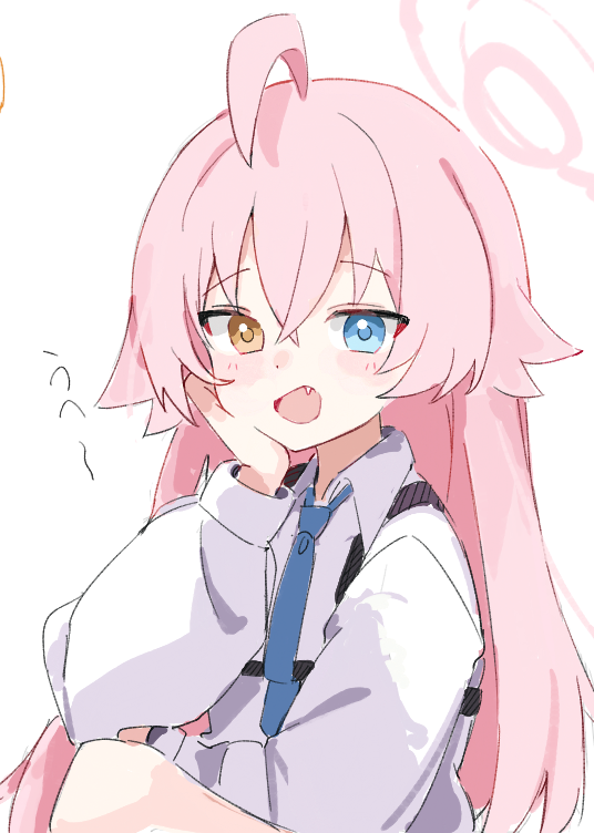 1girl, :d, ahoge, blue_archive, blue_eyes, blue_necktie, blush, fang