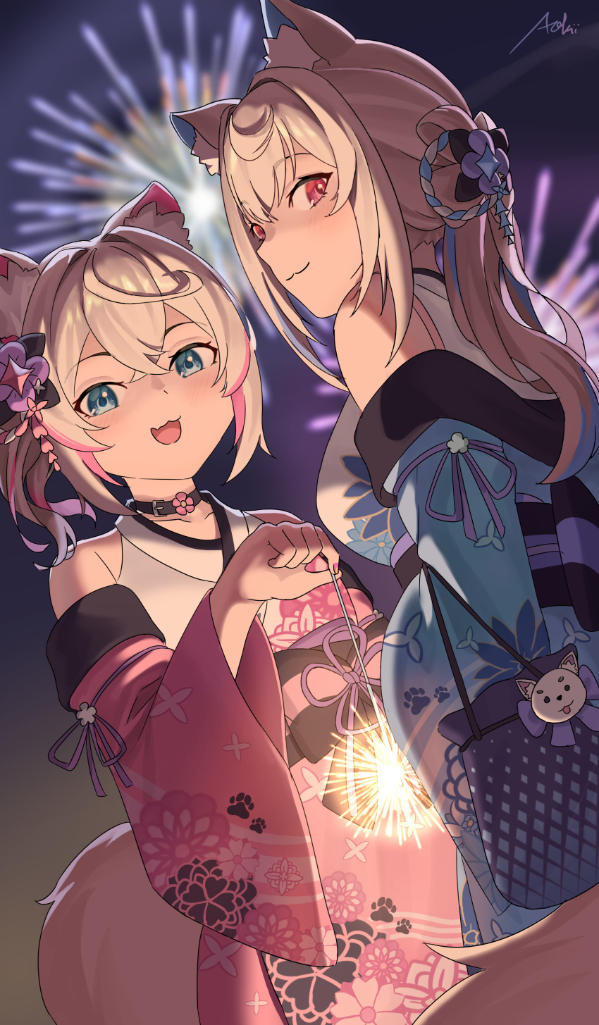 2girls, absurdres, animal_ear_fluff, animal_ears, aokii, blonde_hair, blue_eyes, blue_hair, blue_kimono, blush, breasts, closed_mouth, collarbone, dog_ears, dog_girl, dog_tail, fireworks, fuwawa_abyssgard, fuwawa_abyssgard_(new_year), hair_between_eyes, hair_ornament, highres, holding, holding_fireworks, hololive, hololive_english, japanese_clothes, kimono, large_breasts, long_hair, looking_at_viewer, looking_back, medium_breasts, mococo_abyssgard, mococo_abyssgard_(new_year), multiple_girls, night, night_sky, off_shoulder, official_alternate_costume, official_alternate_hairstyle, open_mouth, outdoors, pink_eyes, pink_hair, pink_kimono, pink_nails, siblings, sisters, sky, smile, tail, twins, virtual_youtuber