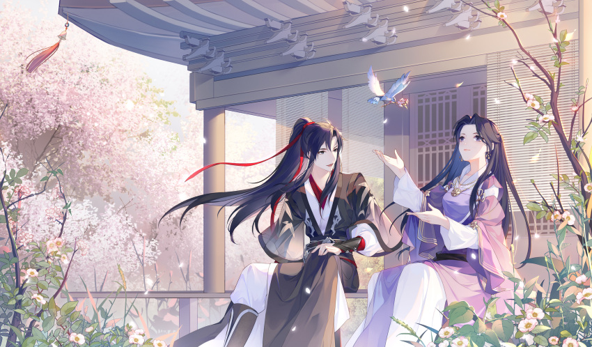 1boy, 1girl, architecture, bird, black_hair, chinese_clothes, commission, east_asian_architecture, flower, hair_ribbon, highres, jewelry, jiang_yanli, long_hair, looking_at_animal, modao_zushi, necklace, outdoors, ponytail, red_ribbon, ribbon, ruohua, sitting, tree, violet_eyes, wei_wuxian